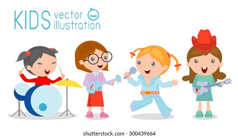 Kids and music, vector illustration of four girl  in a music band, Children playing Musical Instruments,illustration of  Kids playing different musical instruments,Vector Illustration