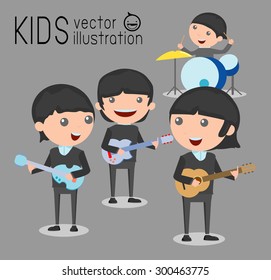 Kids and music, vector illustration of four kids in a music band, Children playing Musical Instruments,illustration of  Kids playing different musical instruments,Vector Illustration