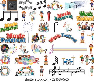 Kids musical instruments and music symbols set illustration
