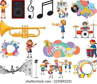 Kids musical instruments and music symbols set illustration