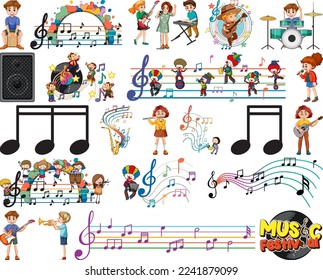 Kids musical instruments and music symbols set illustration