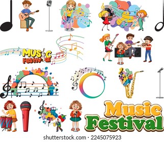 Kids musical instruments and music symbols set illustration