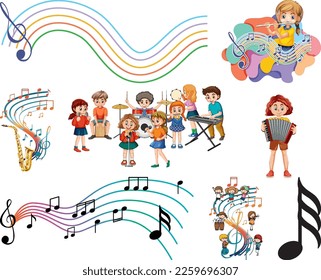 Kids musical instruments and music symbols set illustration