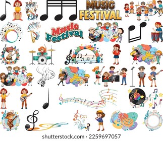 Kids musical instruments and music symbols set illustration