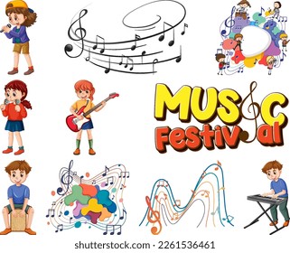 Kids musical instruments and music symbols set illustration