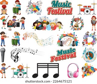 Kids musical instruments and music symbols set illustration