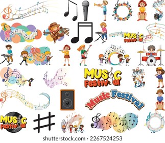 Instrumentos musicales infantiles y símbolos musicales ilustran