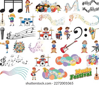 Kids musical instruments and music symbols set illustration