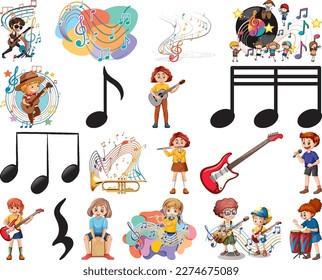 Kids musical instruments and music symbols set illustration