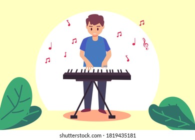 Kids musical vector concept: Young man playing keyboard while standing on the stage 