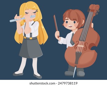 Kids musicians for school band or music classroom. Cartoon vector set of children with instruments - little girl playing flute and boy with contrabass or cello. Cute festival orchestra performers.