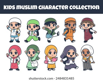 Kids muslim character vector illustration set