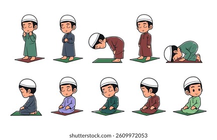 Kids muslim characters with prayer movements vector illustration set