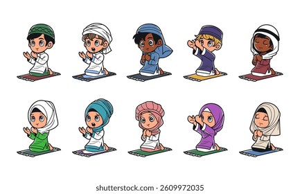 Kids muslim characters prayer vector illustration set