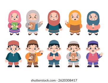 Conjunto de ilustração de vetor de caractere muçulmano infantil