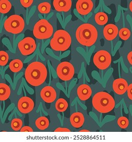 Flores ingênuas para crianças, padrão sem costura com flores vermelhas e folhas em fundo verde. Ilustração vetorial.