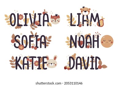 Kids name set in flat boho style  with leaves, plants, berries, animals - for t-shirt, poster, baby shower invitations. Olivia, Sofia, Katie, David, Noah, Liam