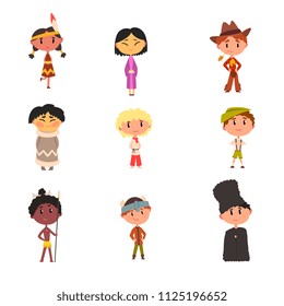 Kids in national clothes, boys and girls cartoon characters in traditional costume of American Indian, Japanese, American Cowboy, Eskimo, Russian, Australian Aboriginal, German vector Illustration