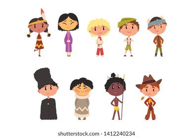 Kids in national clothes, boys and girls cartoon characters in traditional costume of American Indian, Japanese, American Cowboy, Eskimo, Russian, Australian Aboriginal, German vector Illustration