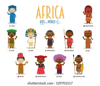 Kids and nationalities of the world vector: Africa. Set of 11 characters dressed in different national costumes.