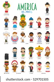 Kids and nationalities of the world vector: America. Set of 25 characters dressed in different national costumes. 