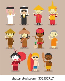 Kids and nationalities of the world vector: Asia and Oceania/Australia Set 3. Set of 11 characters dressed in different national costumes (9 from Asia and 2 from Oceania/Australia).
