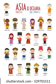 Kids and nationalities of the world vector: Asia and Oceania Set 2 of 2. Set of 24 characters dressed in different national costumes.