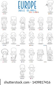 Kids and nationalities of the world vector: Europe Set 1 of 2. Set of 22 characters for coloring dressed in different national costumes.