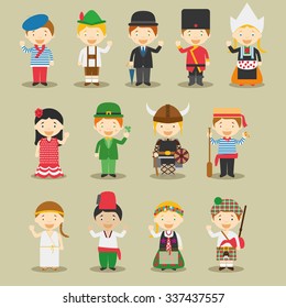 Kids and nationalities of the world vector: Europe Set 1. Set of 13 characters dressed in different national costumes.
