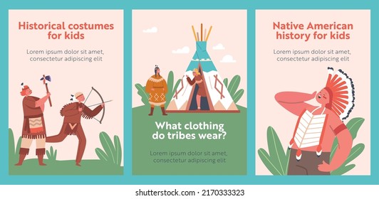 Kids In Native Indian Costume Cartoon Banners. Characters Playing American Indians On Green Field, Run And Fooling Near The Tent With Weapon And And Drums. People Vector Illustration, Posters