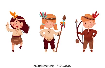 Kids in native Indian costume and feathered headdress playing American Indians set cartoon vector illustration