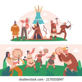 Kids In Native Indian Costume And Feathered Headdress. Characters Playing American Indians On Green Field, Run And Fooling Near The Tent With Weapon And Drums. Cartoon People Vector Illustration