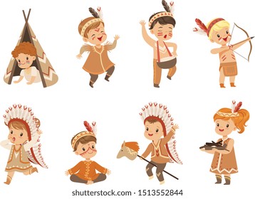 Niños con disfraces indios nativos y trajes de cabeza divirtiéndose, niños jugando en los indios americanos vectorial Ilustraciones con fondo blanco