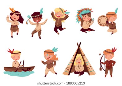 Kids in Native Indian Costumes and Headdresses Having Fun Vector Set