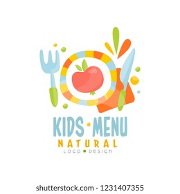 Kids natural menu logo design, healthy organic food banner or poster vector Illustration