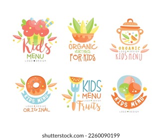 Kids Natural Menu and Organic Food Logo Original Design with Colorful Elements Vector Set