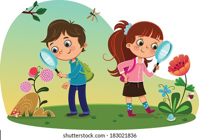 Kids In The Nature. Vector Illustration.