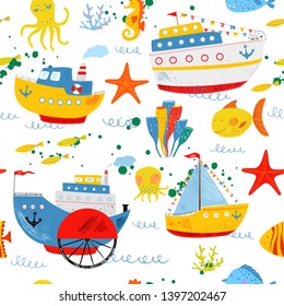 Kids nautical hand drawn illustration of water transport, fish, octopus and sea animals. Seamless vector pattern. Cute ship, liner, sailboat, sea wave. Cartoon flat marine pattern. Childish background