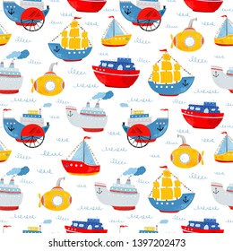 Kids nautical hand drawn illustration of water transport. Seamless vector pattern. Cute ship, submarine, motor ship, liner, sailboat, sea wave. Cartoon flat marine pattern. Childish background.