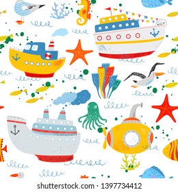 Kids nautical hand drawn illustration of ships, gulls, fish, octopus and sea animals. Seamless vector pattern. Cute ship, submarine, liner,  sea wave. Cartoon flat marine pattern. Childish background