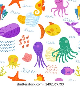 Kids nautical hand drawn illustration of sea fish, octopus, whale, shells and water plant. Seamless vector pattern. Cute sea animals. Cartoon flat  pattern. Colorful background. Abstract texture.