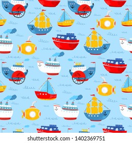 Kids nautical hand drawn illustration of water transport. Seamless vector pattern. Cute ship, submarine, motor ship, liner, sailboat, sea wave. Cartoon flat marine pattern. Childish background.