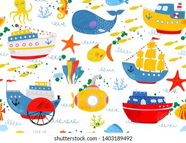 Kids nautical hand drawn illustration of water transport, fish, octopus and sea animals. Seamless vector pattern. Cute ship, liner, sailboat, sea wave. Cartoon flat marine pattern. Childish background