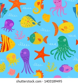 Kids nautical hand drawn illustration of sea fish, octopus, shells and water plant. Seamless vector pattern. Cute sea animals. Cartoon flat marine pattern. Colorful endless childish background. 