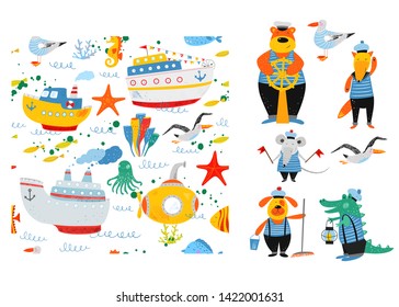 Kids nautical hand drawn illustration. Ships, gulls, fish, octopus and sea animals. Seamless vector pattern. Sailors team. Cute funny animals sailors. Cartoon flat marine background. Pencil texture.