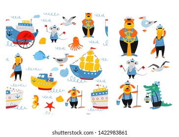 Kids nautical hand drawn illustration. Ships, gulls, fish, octopus and sea animals. Seamless vector pattern. Sailors team. Cute funny animals sailors. Cartoon flat marine background. Pencil texture.