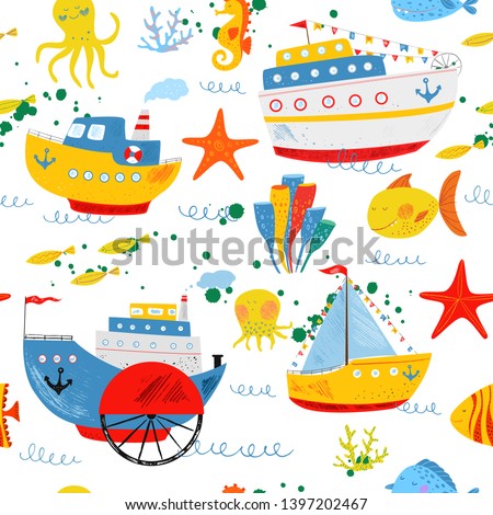 Kids nautical hand drawn illustration of water transport, fish, octopus and sea animals. Seamless vector pattern. Cute ship, liner, sailboat, sea wave. Cartoon flat marine pattern. Childish background