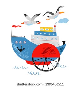Kids nautical hand drawn vector illustration of water transport. Cute ship, seagull and albatross. Cartoon flat marine steamship. Childish background. Isolated white background.