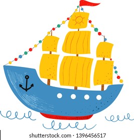 Kids nautical hand drawn vector illustration of water transport. Bright sailing ship. Cute ship and sea wave. Cartoon flat marine sailboat. Childish background. Isolated white background.