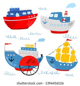 Kids nautical hand drawn vector illustration of water transport. Cute ship, submarine, motor ship, liner, sea wave. Cartoon marine icons set. Childish background. Isolated white background.